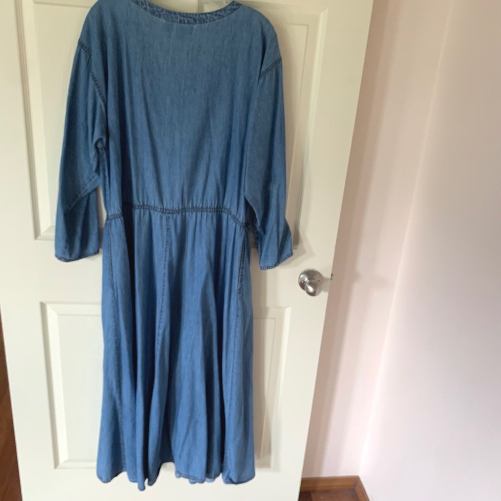 Coldwater Creek Large Denim Dress Blue Vintage Elastic Waist Side Pockets USA